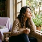 Mulher pensativa sentada perto da janela refletindo sobre os impactos da violência psicológica na saúde mental.
