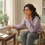 Ilustração acolhedora de mulher refletindo sobre sinais de violência psicológica em um relacionamento
