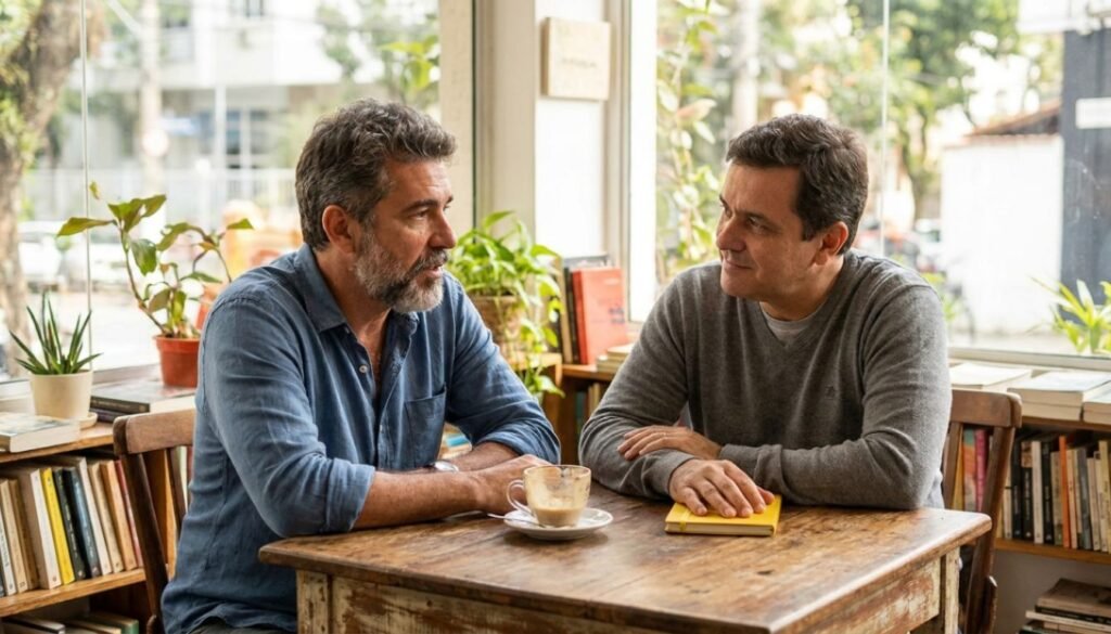 Depressão em homens abordada em conversa acolhedora entre dois homens adultos em ambiente claro e tranquilo.