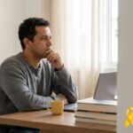 Depressão em homens representada por homem adulto em uma pausa da rotina, com expressão serena e introspectiva em ambiente claro.