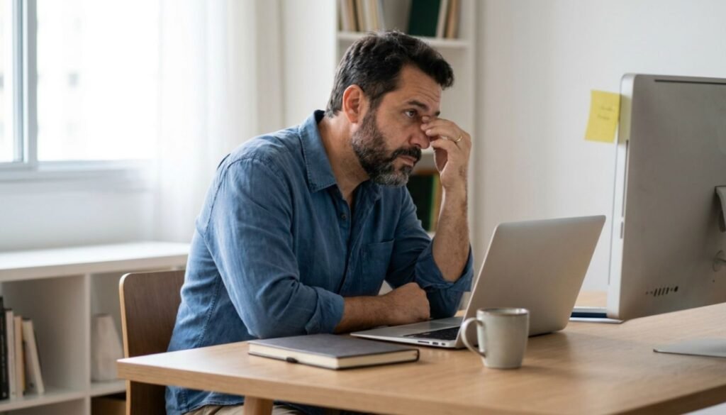  Depressão em homens representada por homem adulto em uma pausa silenciosa durante a rotina de trabalho, com expressão pensativa e cansada.