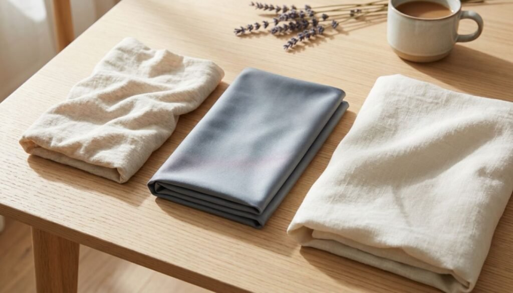 Dormir sem calcinha representado por tecidos de algodão, material sintético e roupa de cama leve dispostos lado a lado.