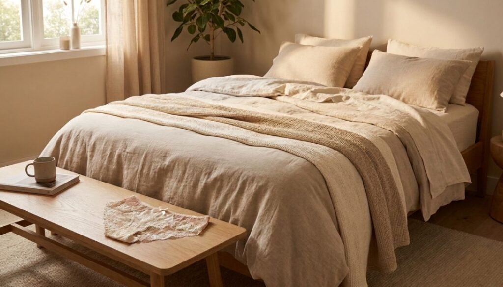 Dormir sem calcinha representado por quarto ventilado com roupa de cama leve e pijama respirável próximo à cama.