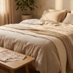 Dormir sem calcinha representado por quarto acolhedor com roupa íntima de algodão dobrada sobre a cama.