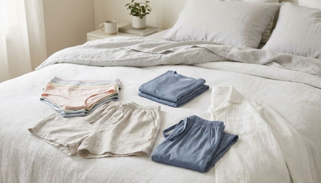 Dormir sem calcinha representado por opções de roupa íntima de algodão, short leve e pijama respirável sobre uma cama.